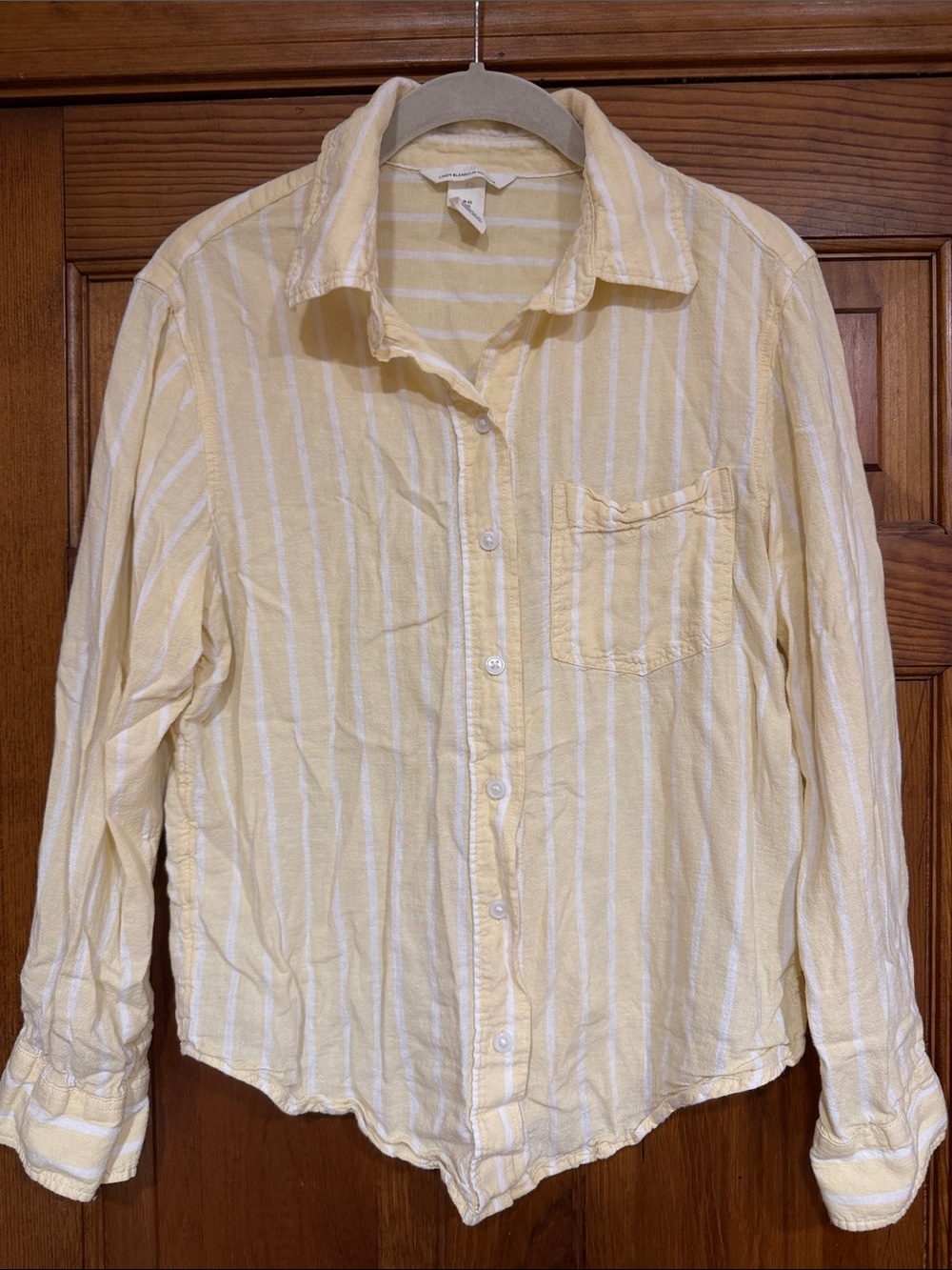 H&M Pale Yellow and White Striped Linen Blend Button-Down Shirt
